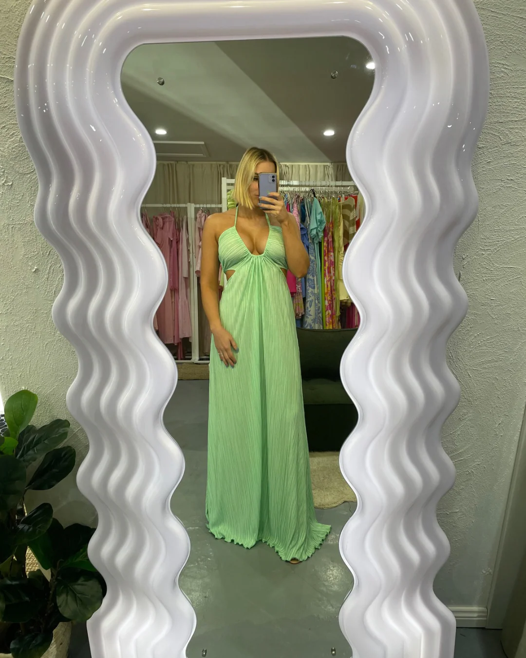 BUY: Love Shack Fancy Julissa Pliss  -satin Halterneck Maxi Dress In Multi - Rovetoy