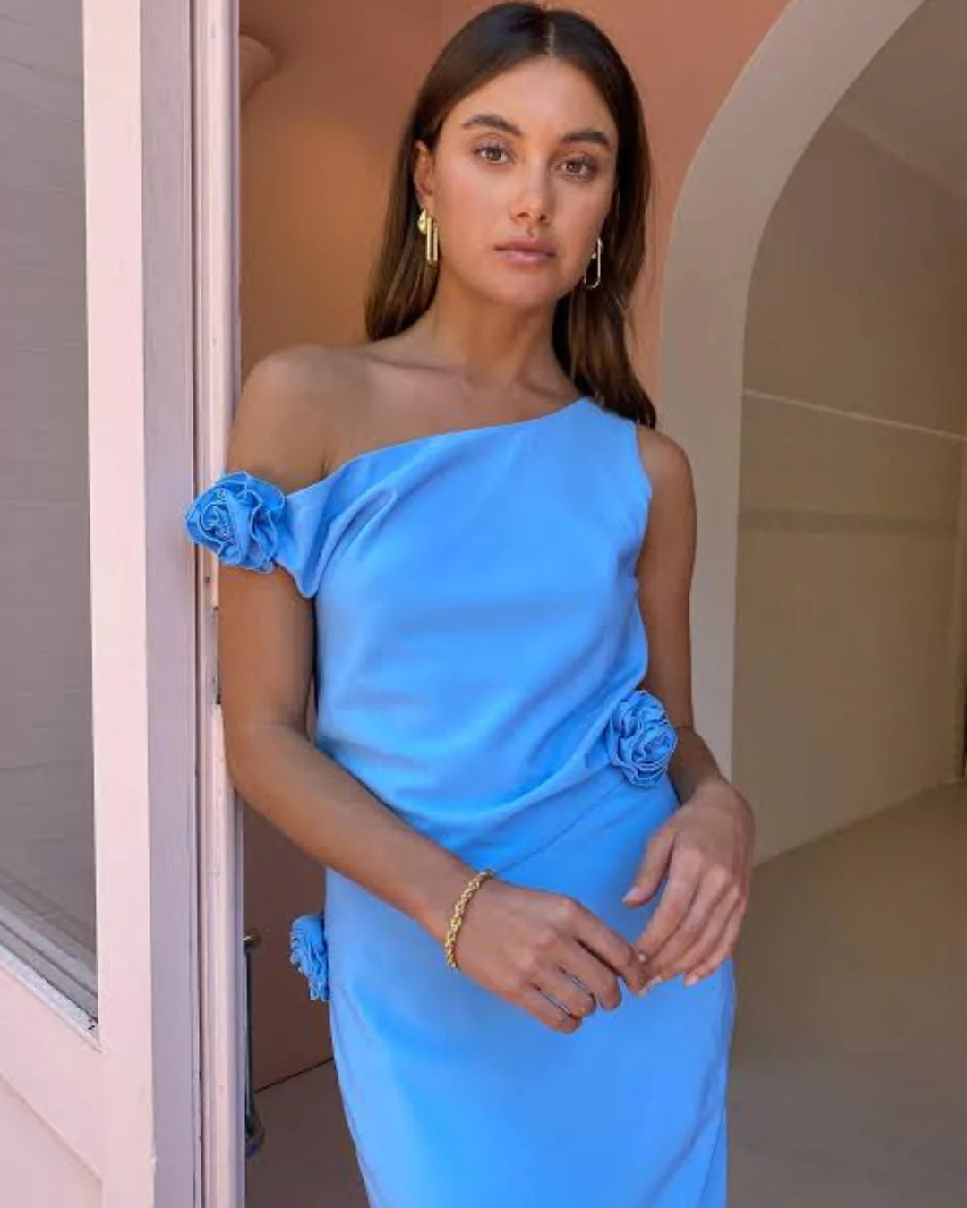 Issy Off Shoulder Flower Maxi Dress In Blue - Rovetoy