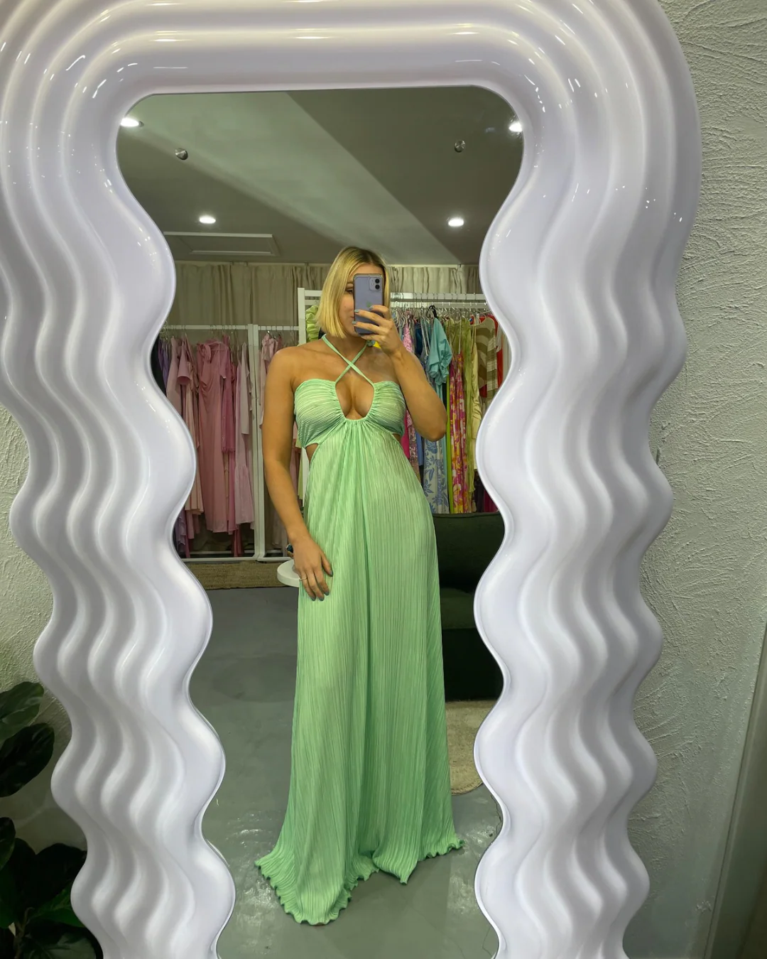 BUY: Love Shack Fancy Julissa Pliss  -satin Halterneck Maxi Dress In Multi - Rovetoy
