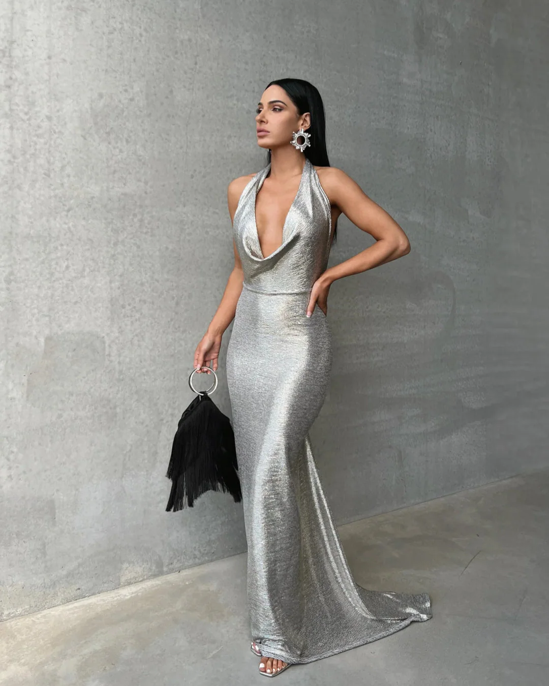 Melani Maria Cowl Gown in Moonlight Silver Foil - Rovetoy