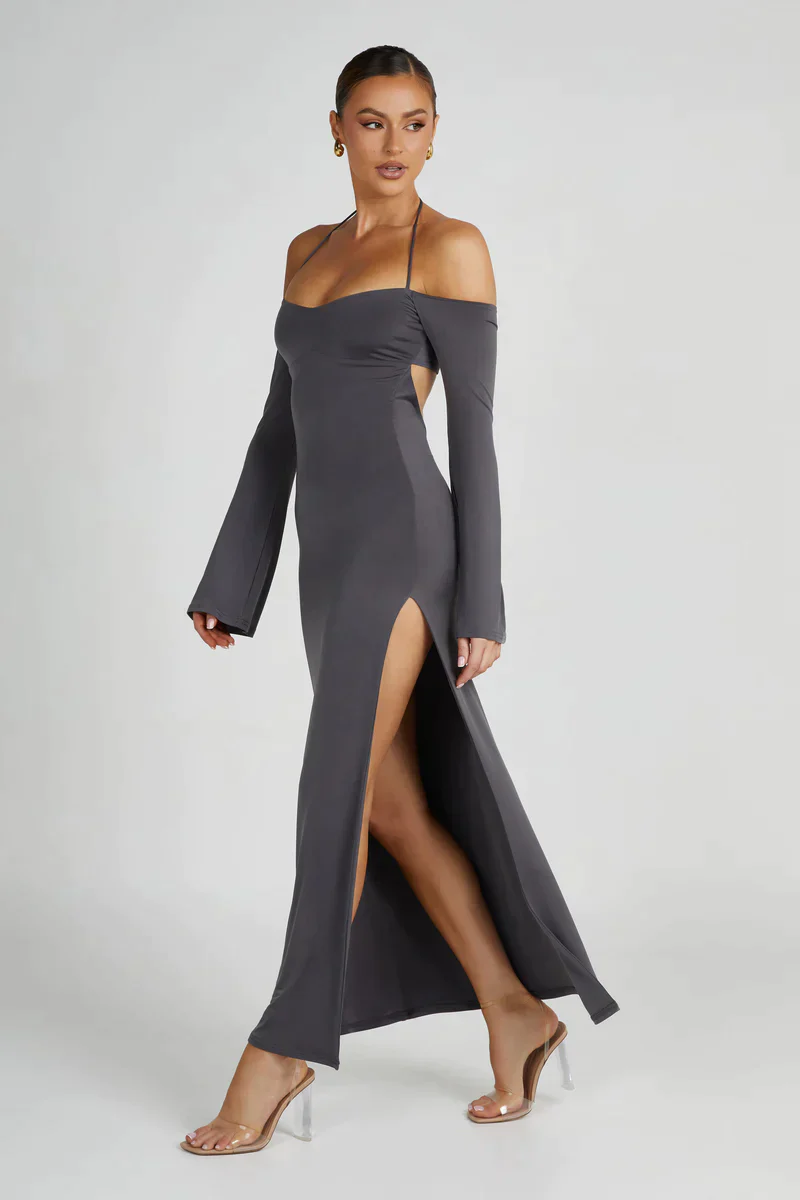 BUY Meshki Slinky Off Shoulder Maxi Dress in Charcoal - Rovetoy
